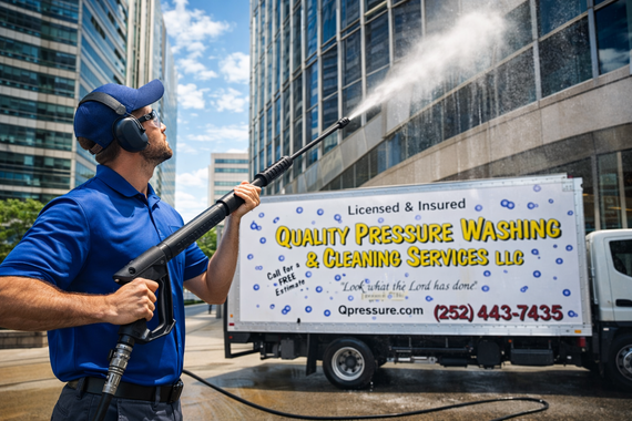 Man pressure washing a building with a truck that reads