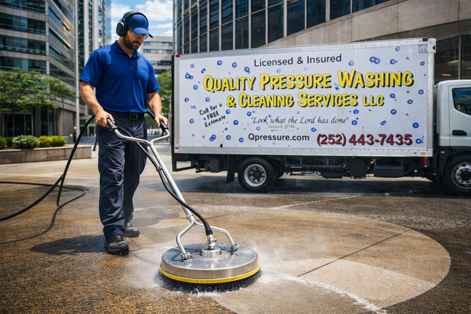 Four-story apartment building with blue and gray siding, surrounded by greenery, under a blue sky.