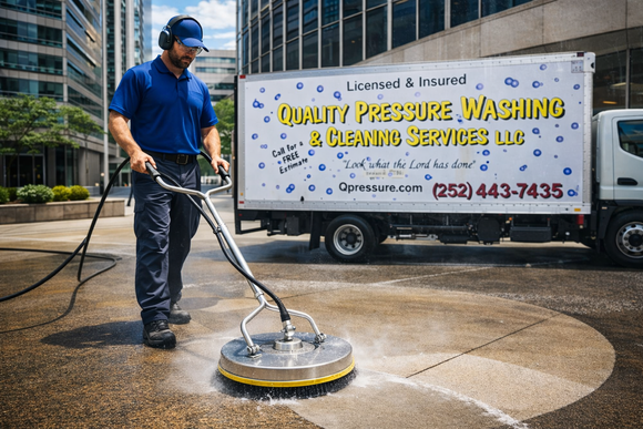 Man pressure washing a concrete surface with cleaning services truck in the background.