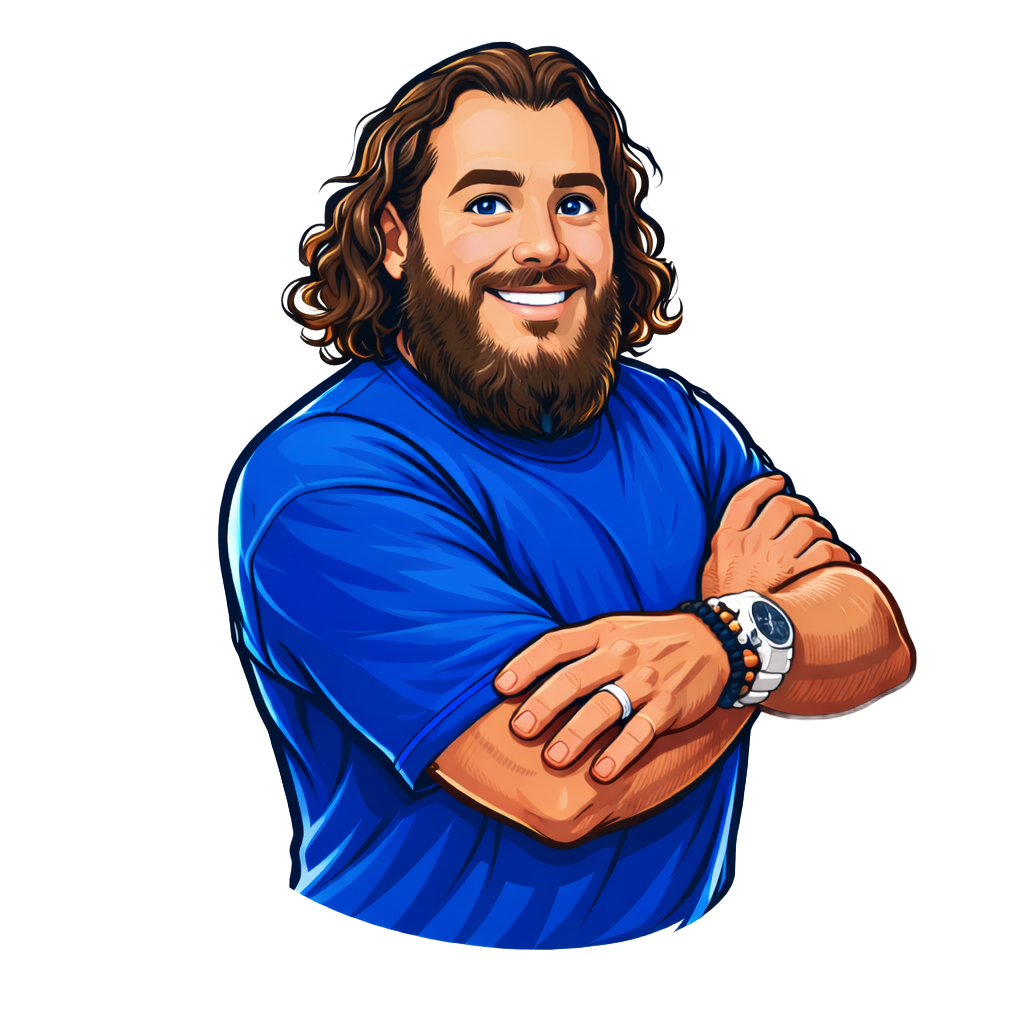 Man with brown hair and beard, arms crossed, smiling, wearing a blue shirt and watch.