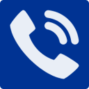 White phone receiver icon with sound waves, on a blue square background.