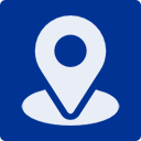 White location pin icon on a blue square background.