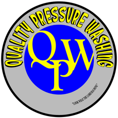 Logo for Quality Pressure Washing: Blue and yellow text on a gray circle.