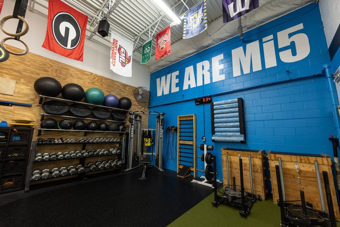 A gym with a blue wall and a sign that says `` we are mi5 ''.