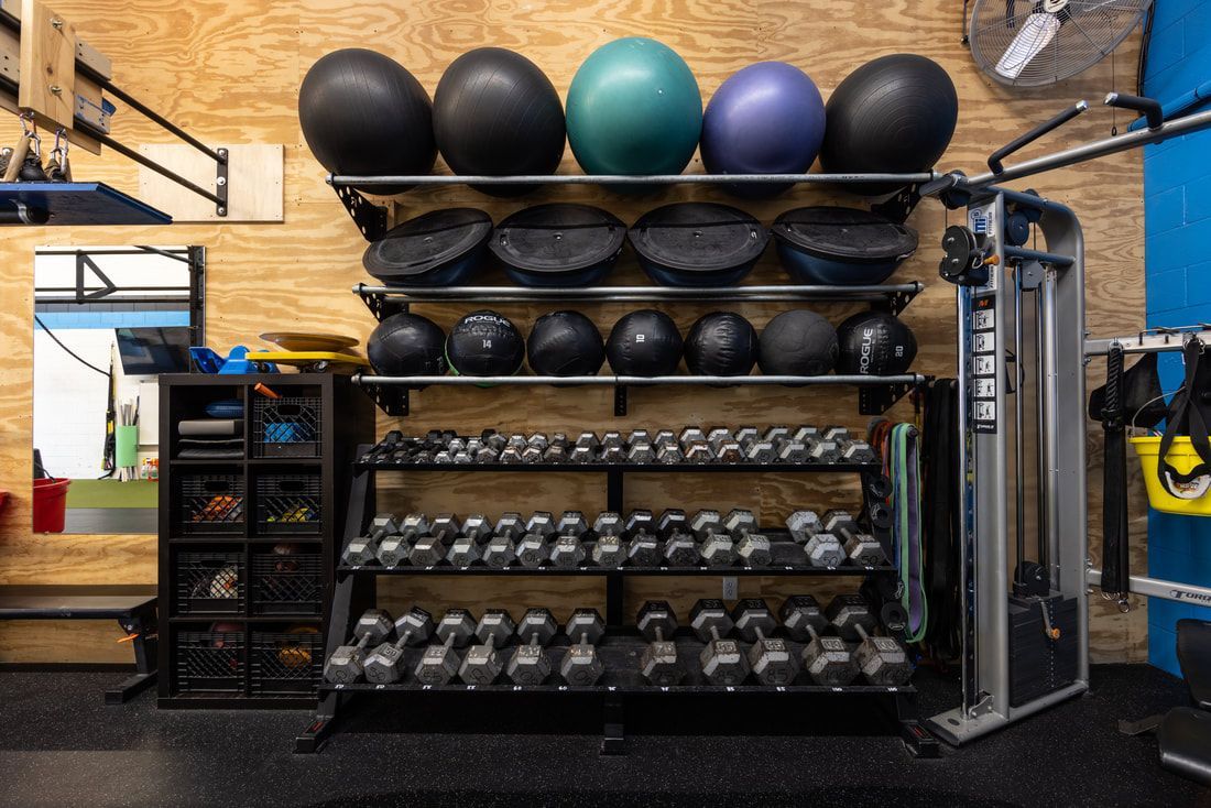 A gym with a lot of dumbbells and balls on shelves.