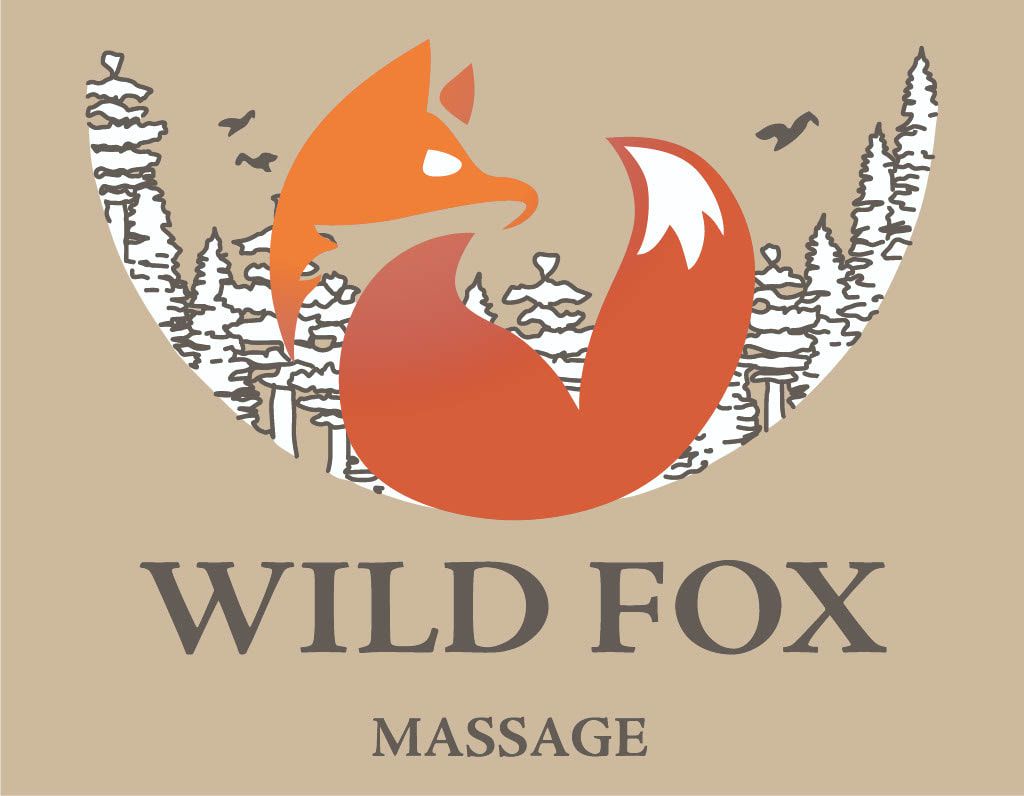 A logo for wild fox massage with a fox and trees in the background