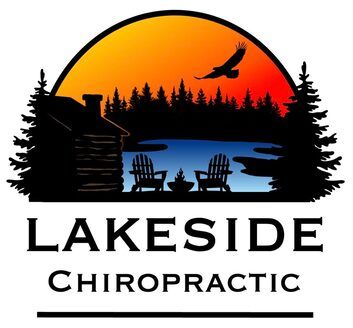 A logo for lakeside chiropractic with a cabin and chairs