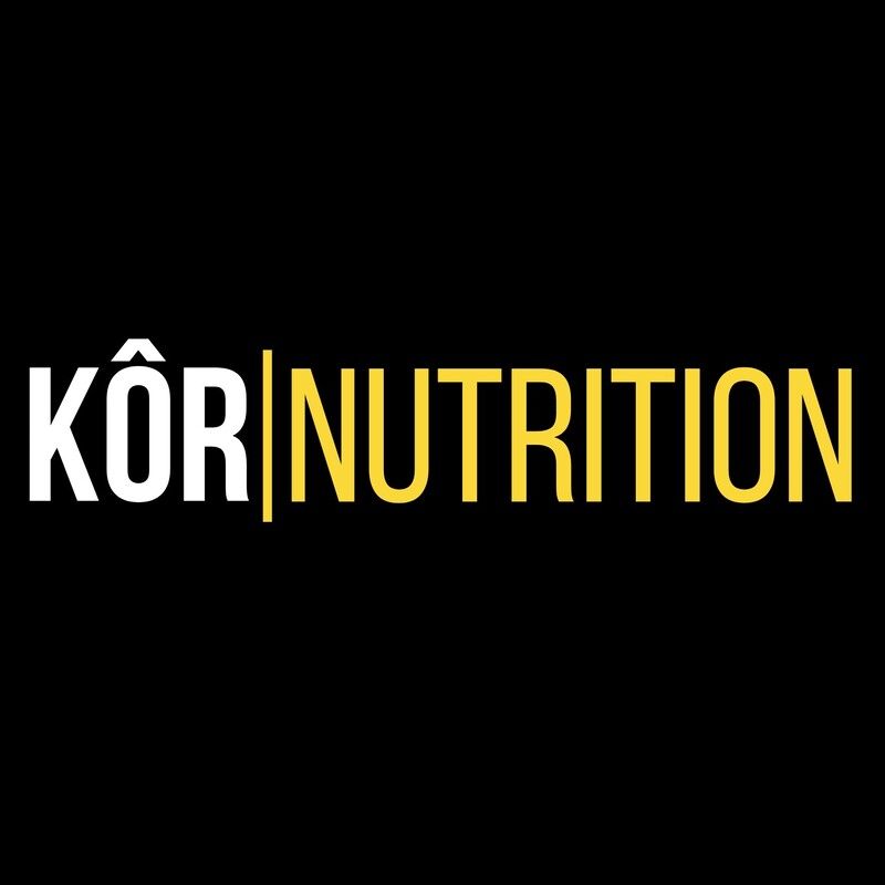 The kor nutrition logo is yellow and white on a black background.
