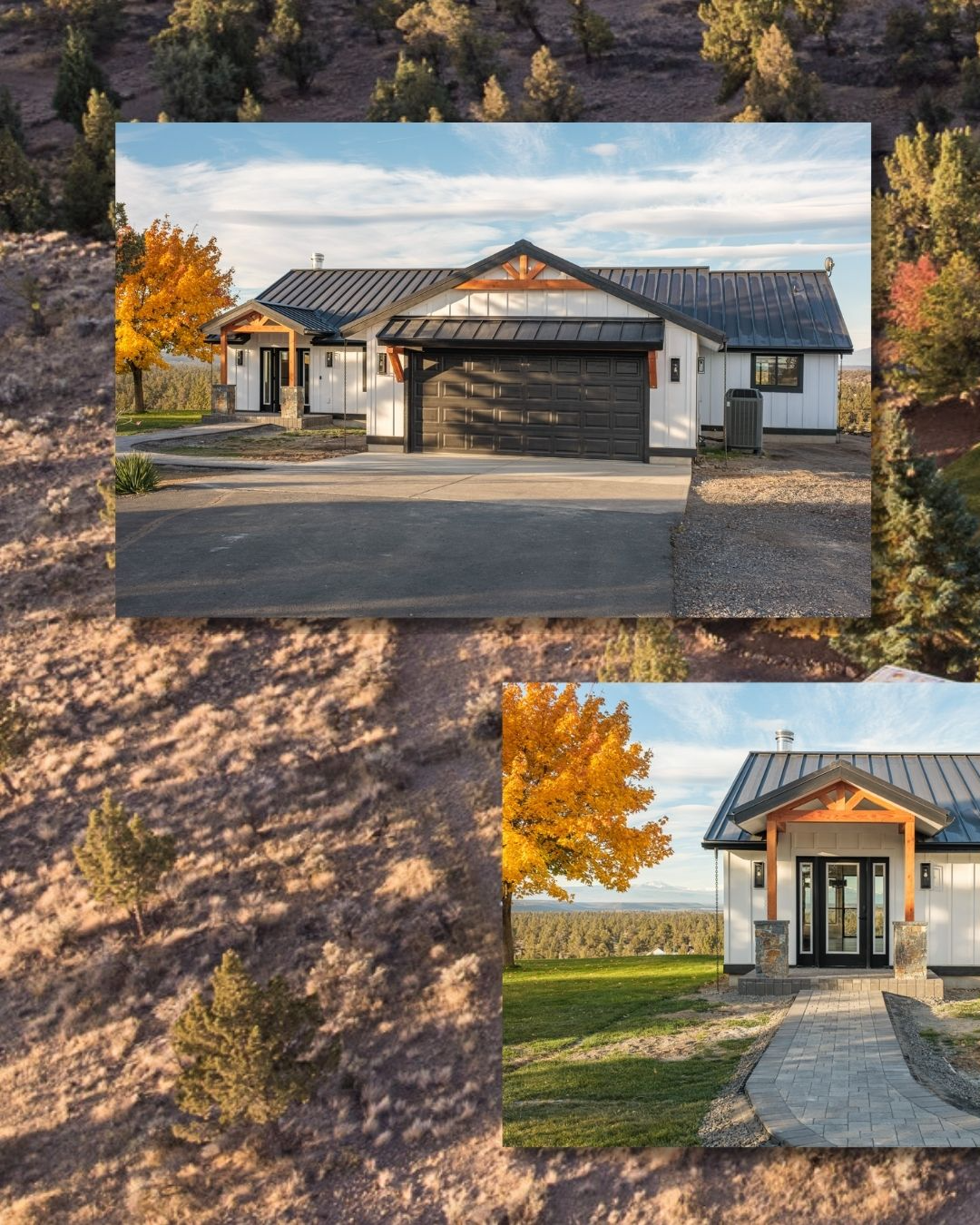 Modern white house with dark garage and roof, nestled in a landscape with fall foliage and a paved driveway.