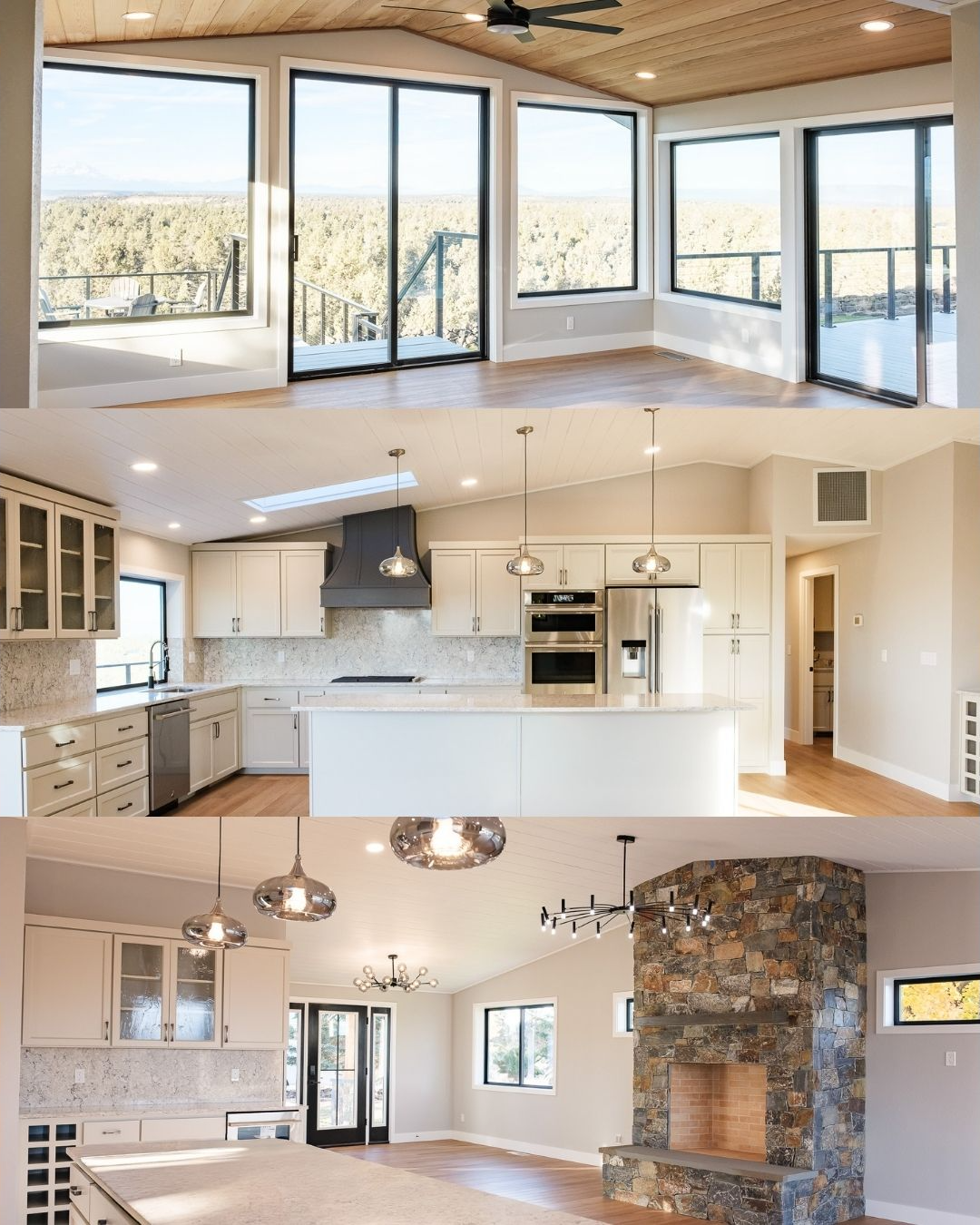 Three interior rooms with large windows, a kitchen with white cabinets, and a stone fireplace.