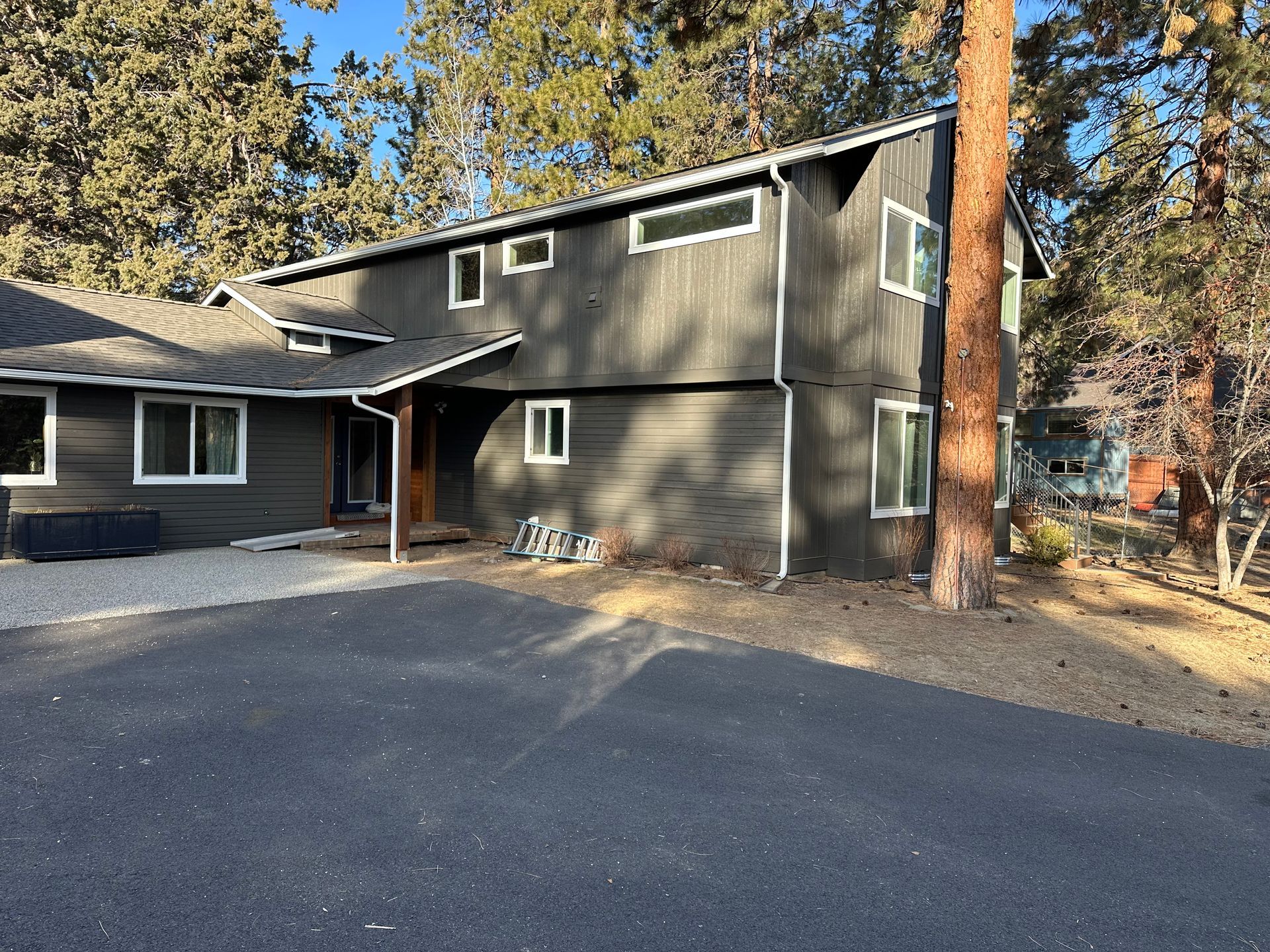 A large house with a lot of windows is surrounded by trees.