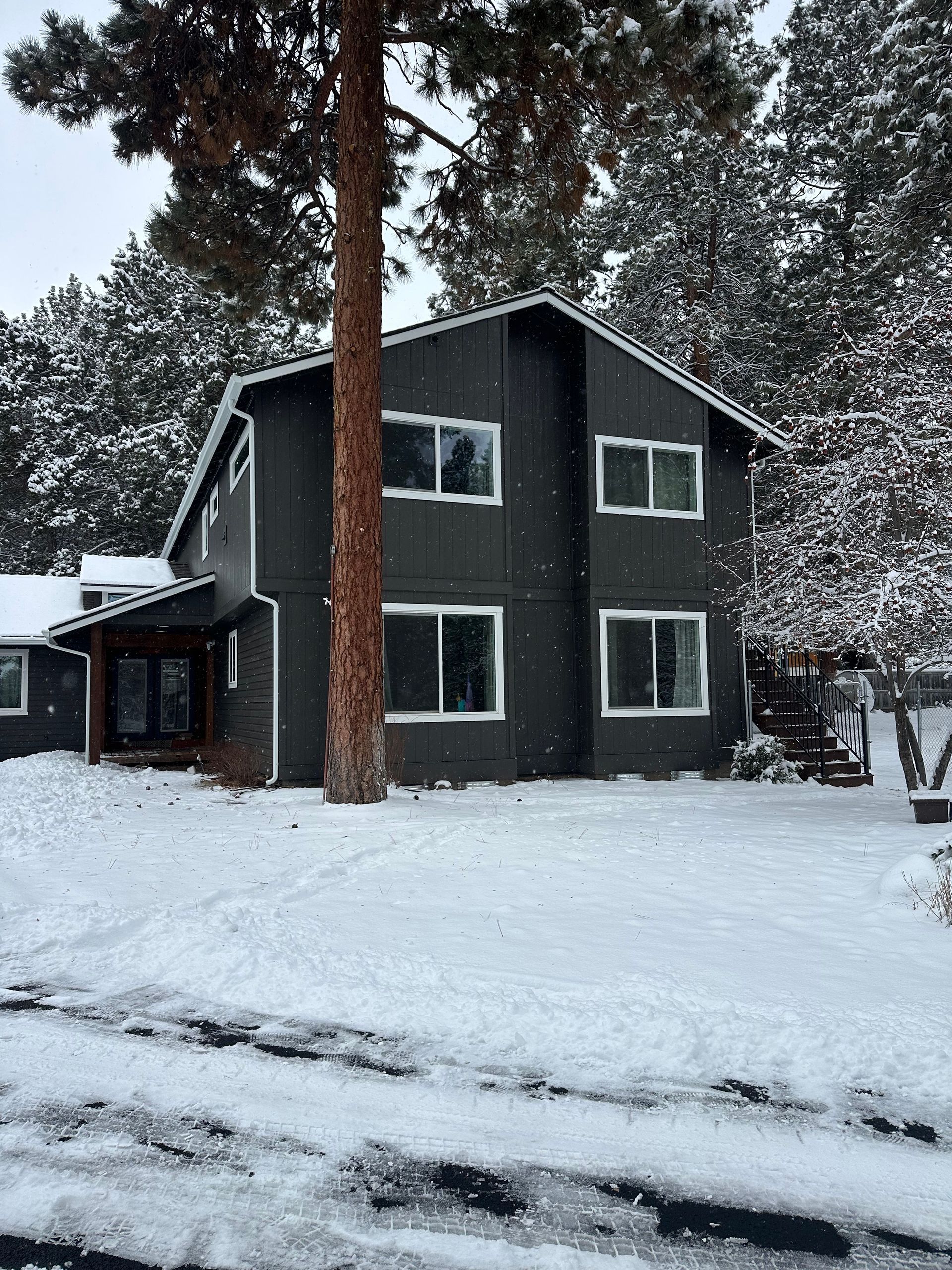 A black house is surrounded by snow and trees