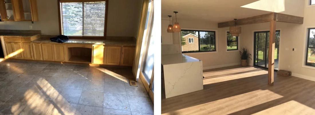 A before and after photo of a kitchen and a living room.