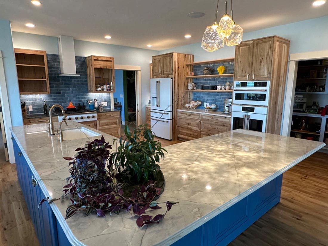 A kitchen with a large island and a plant on the counter.