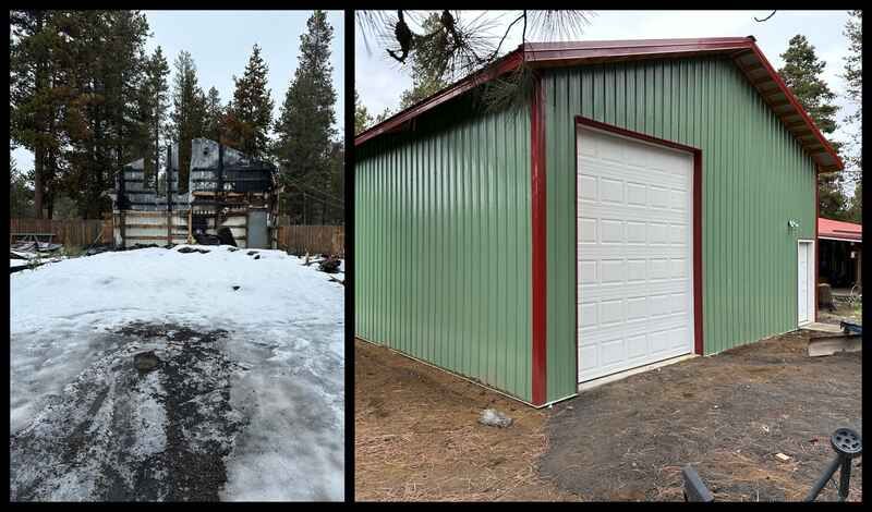 A green metal building with a red roof and a white garage door.