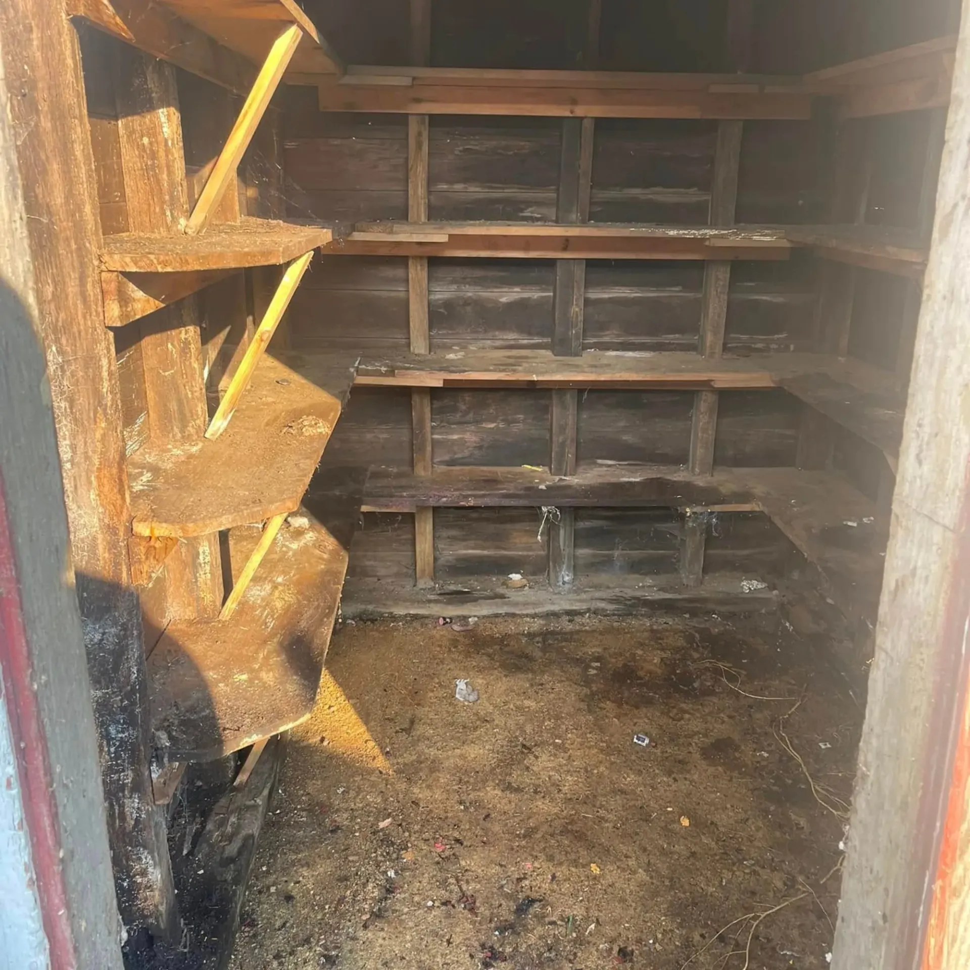 Hall’s Hauling - The inside of a wooden shed with shelves and stairs