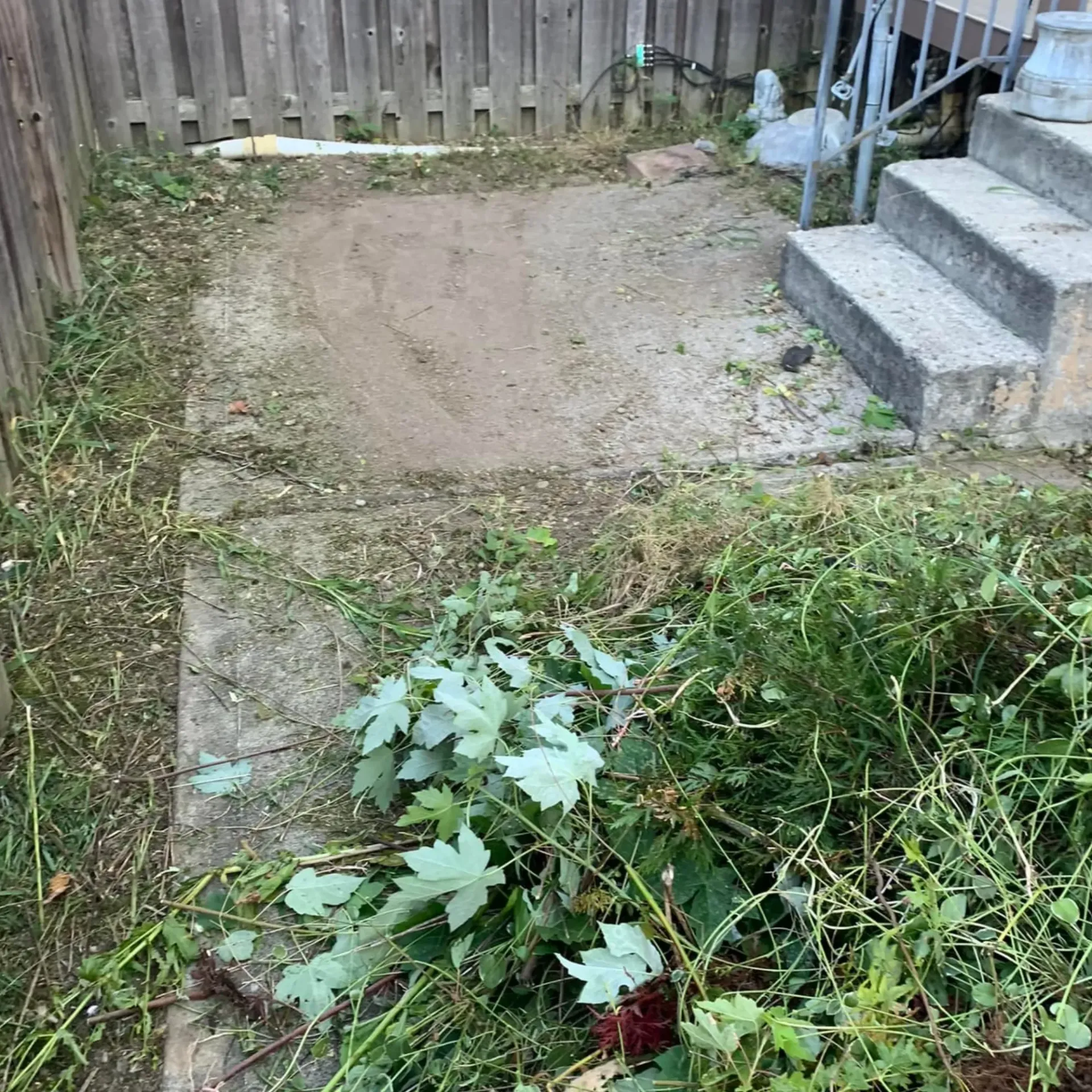 Hall's Hauling -A backyard with a fence , stairs , and a lot of grass.