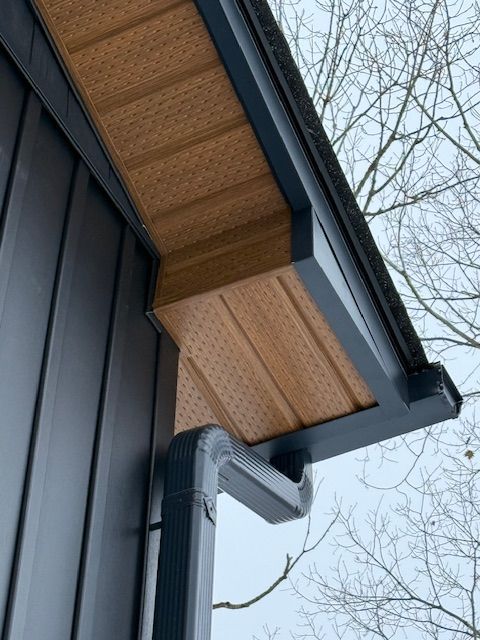 Close-up of a house eave with dark trim, wood soffit, and a gray gutter against bare tree branches.