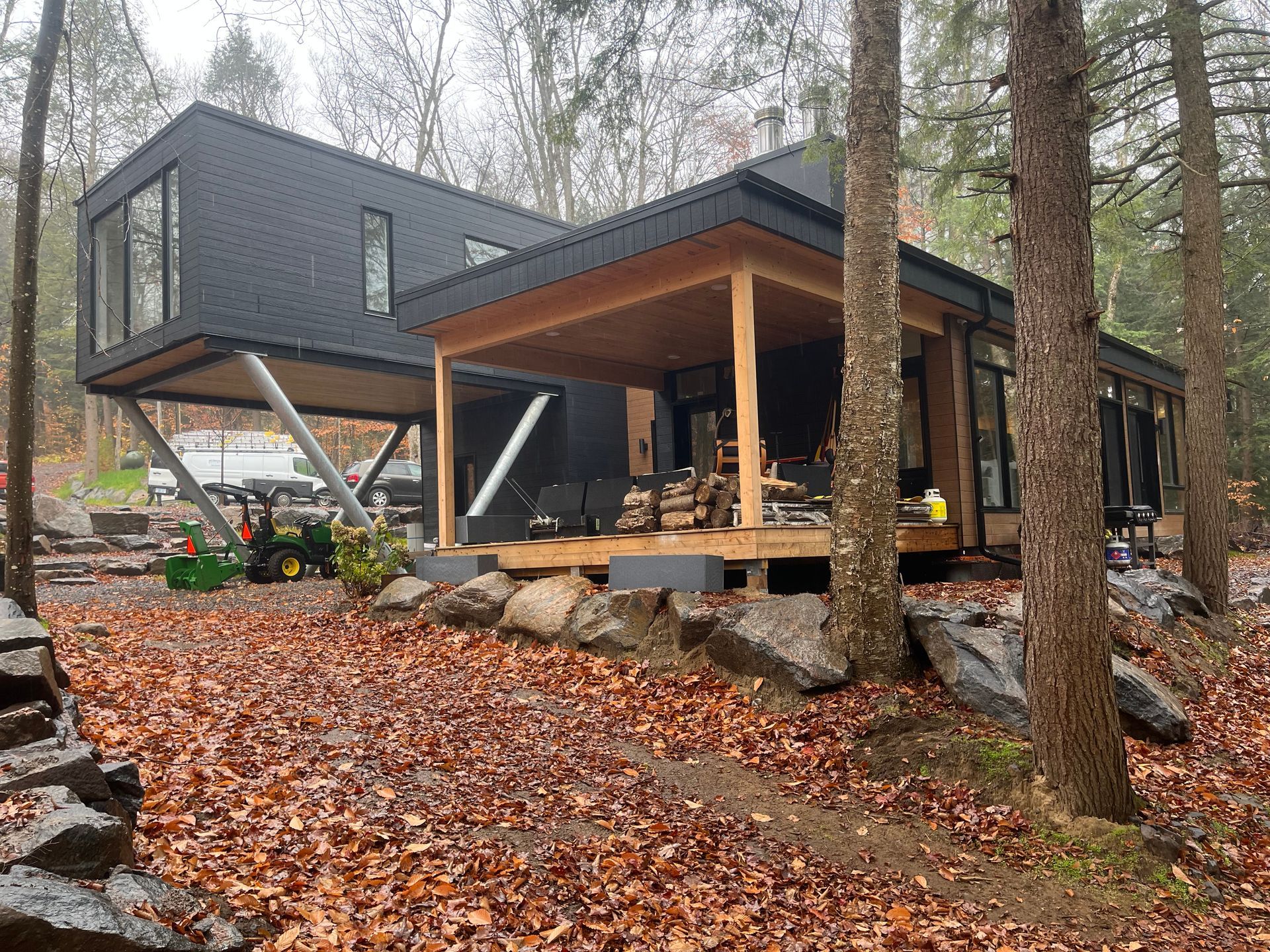 A house is being built in the middle of a forest.
