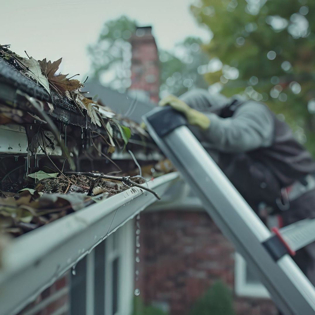 A man is cleaning a gutter with a ladder.