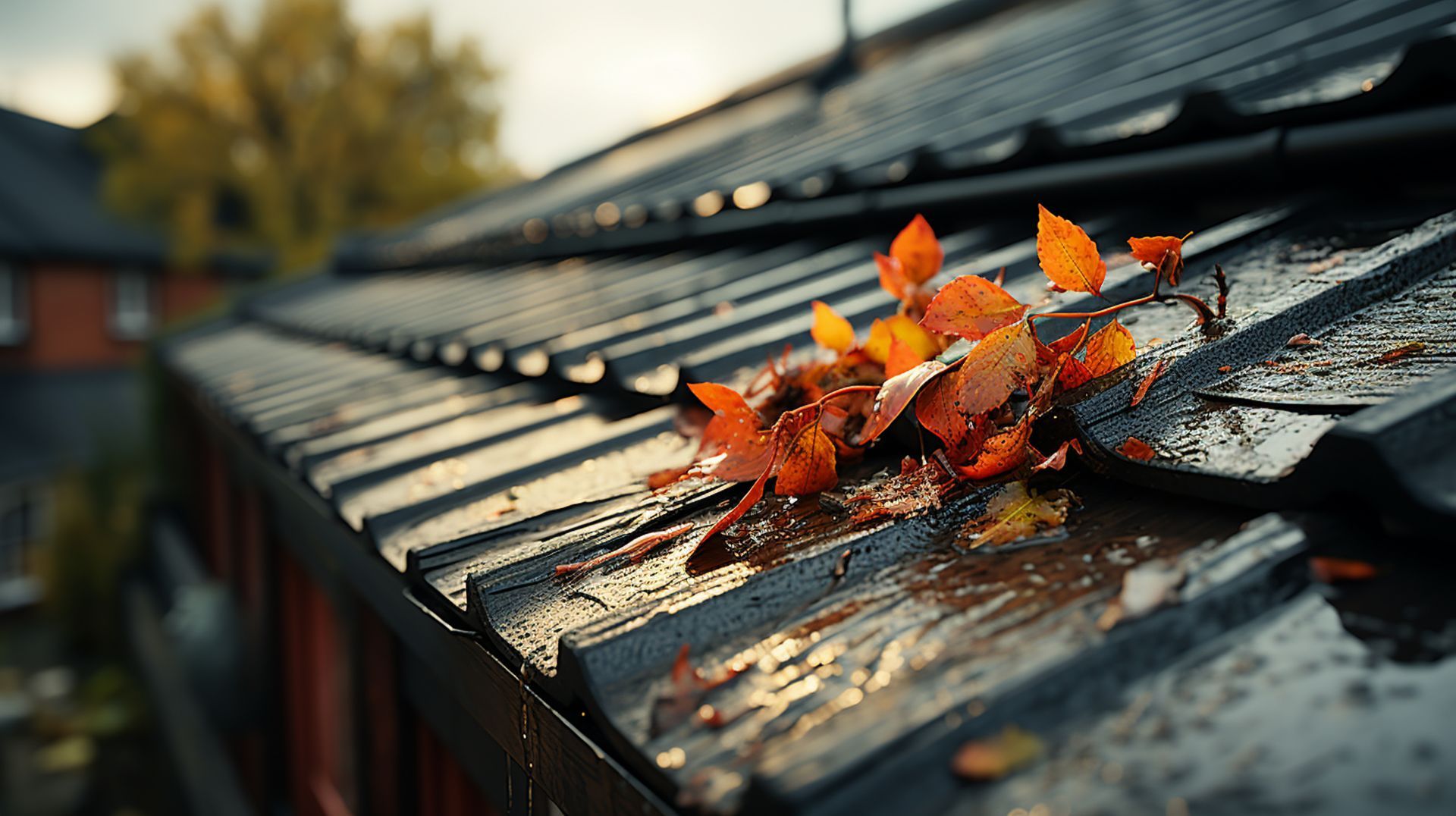 A close up of a gutter with leaves on it.