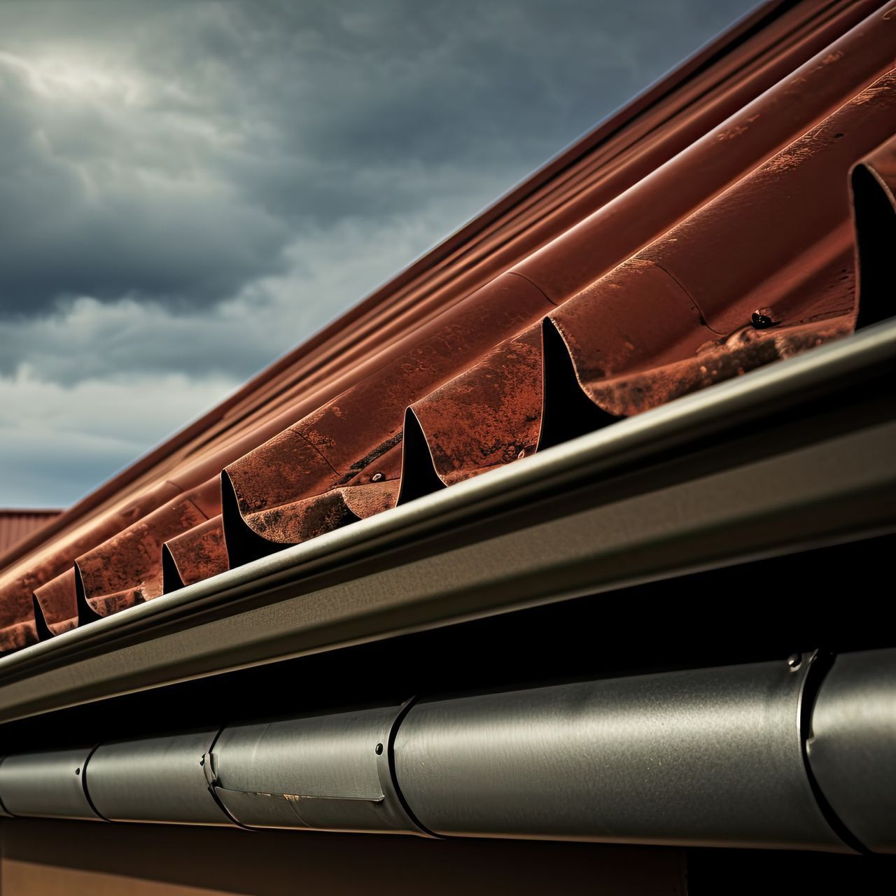 A close up of a gutter on a roof with a cloudy sky in the background