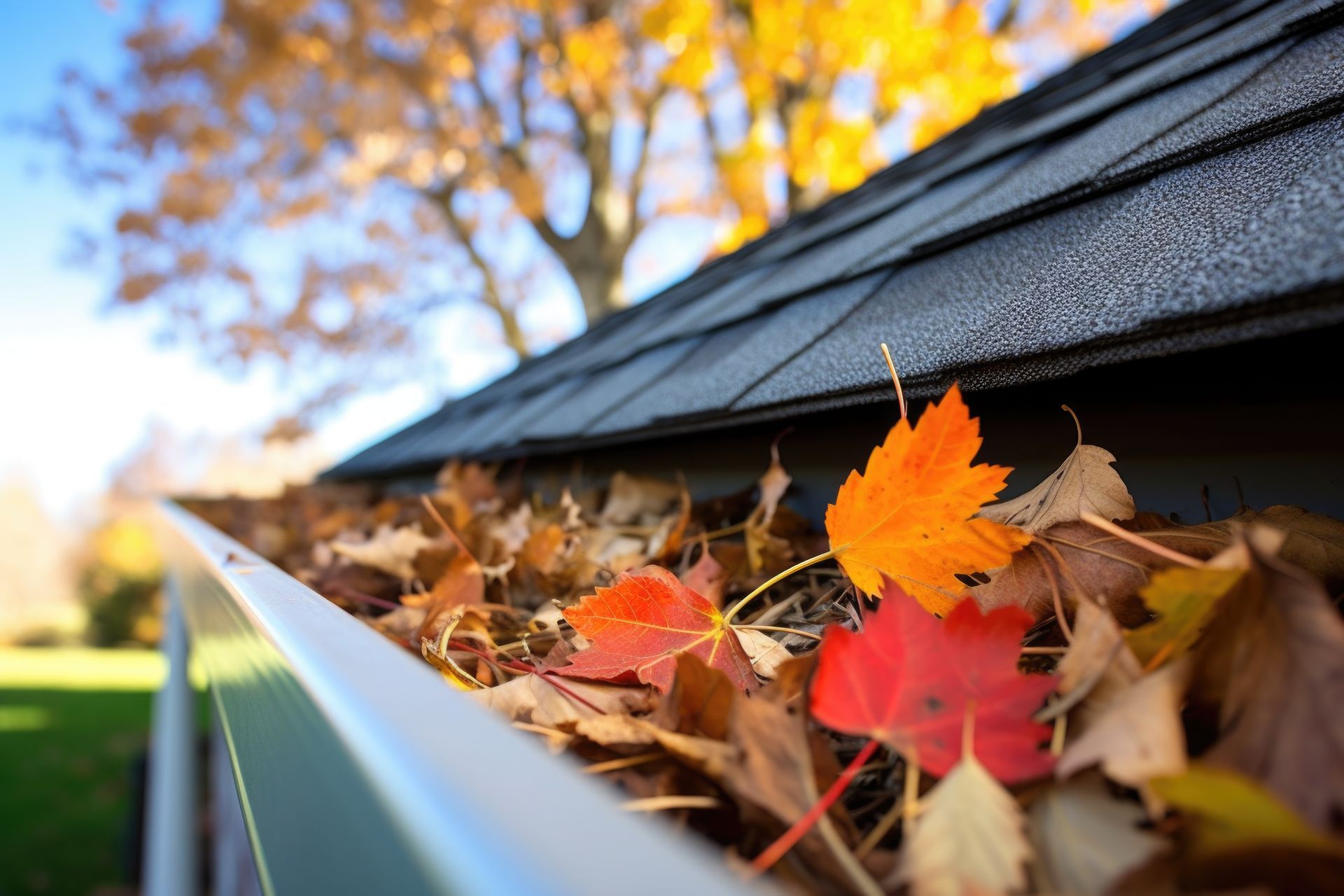 A gutter filled with leaves and a tree in the background.