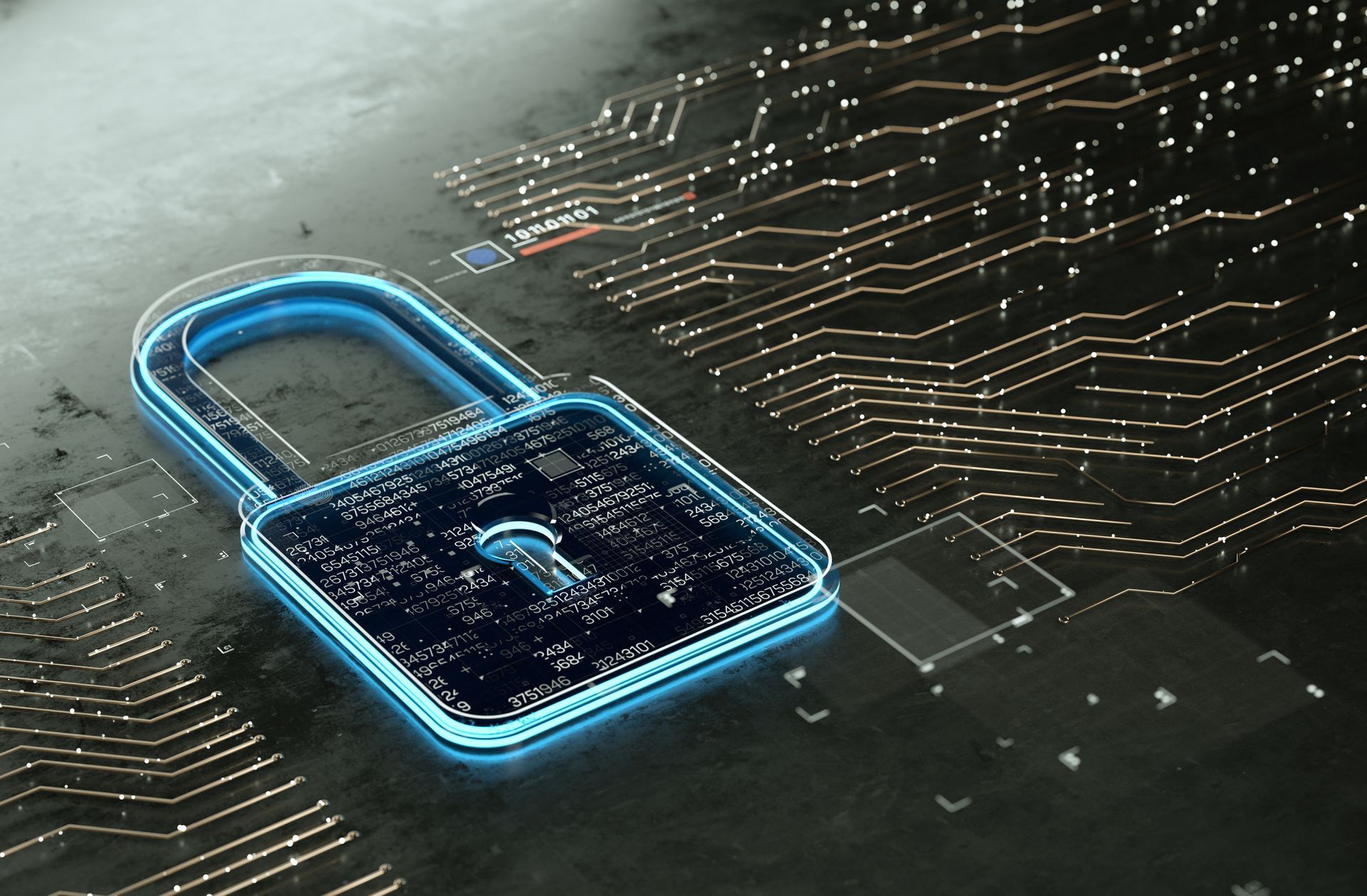 Digital encrypted lock with multilayered data, representing internet security.