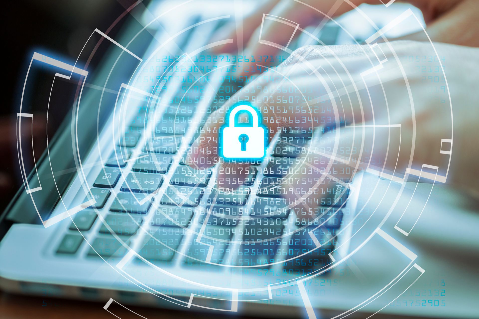 Digital shield and lock icons over data streams, symbolizing cybersecurity and protection.