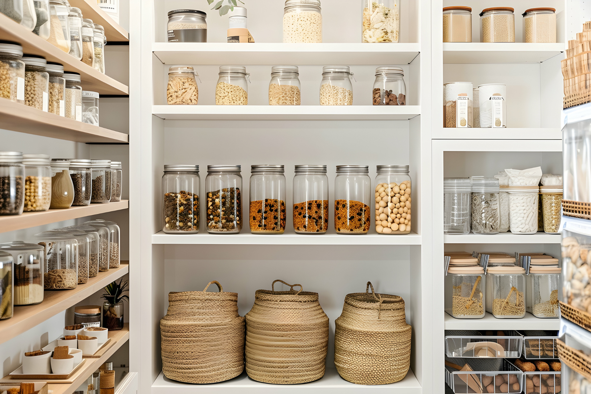 A pantry filled with jars and baskets of food.