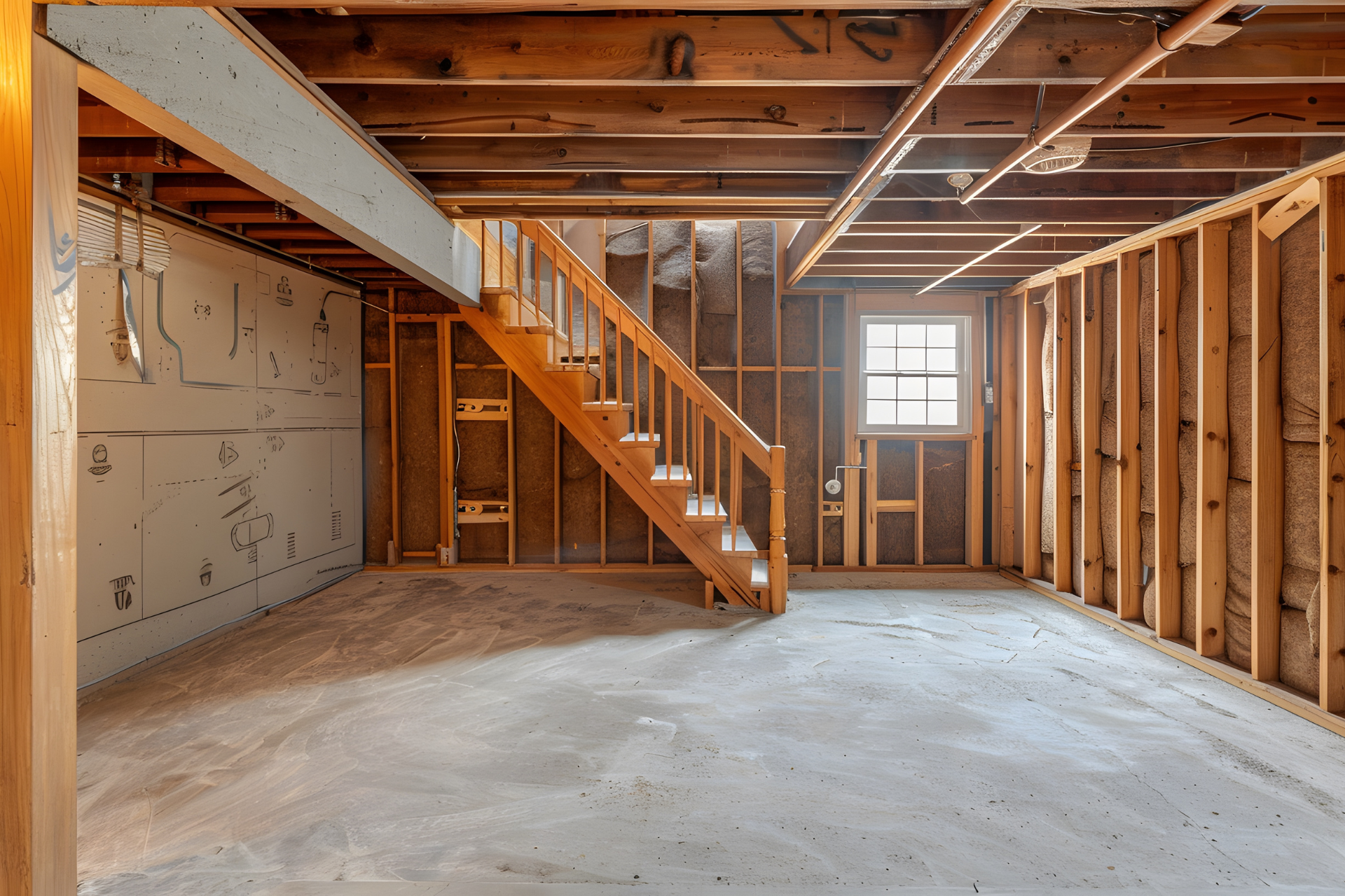 An empty basement with a wooden staircase and a window.