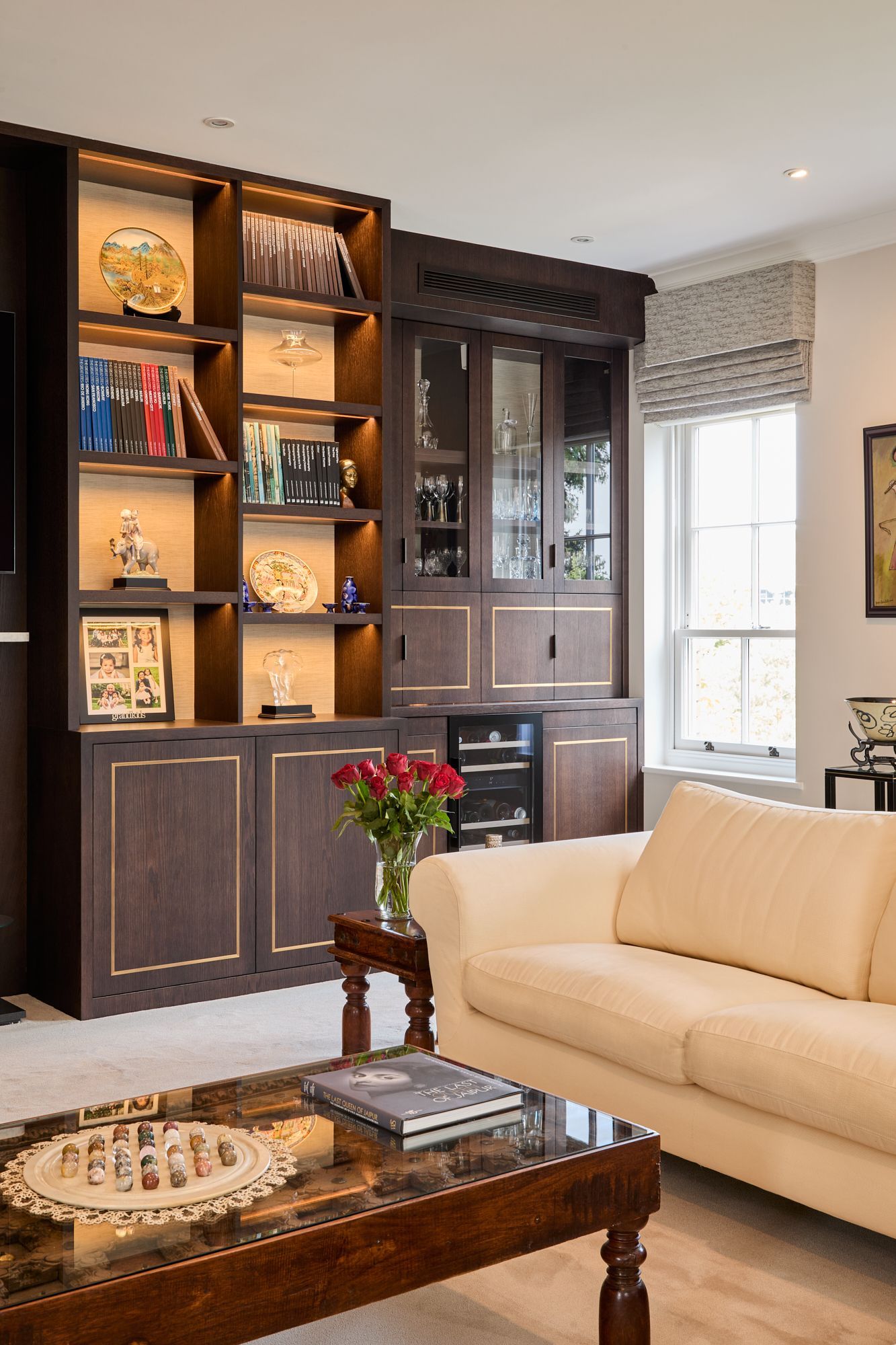 A living room with a couch and a coffee table