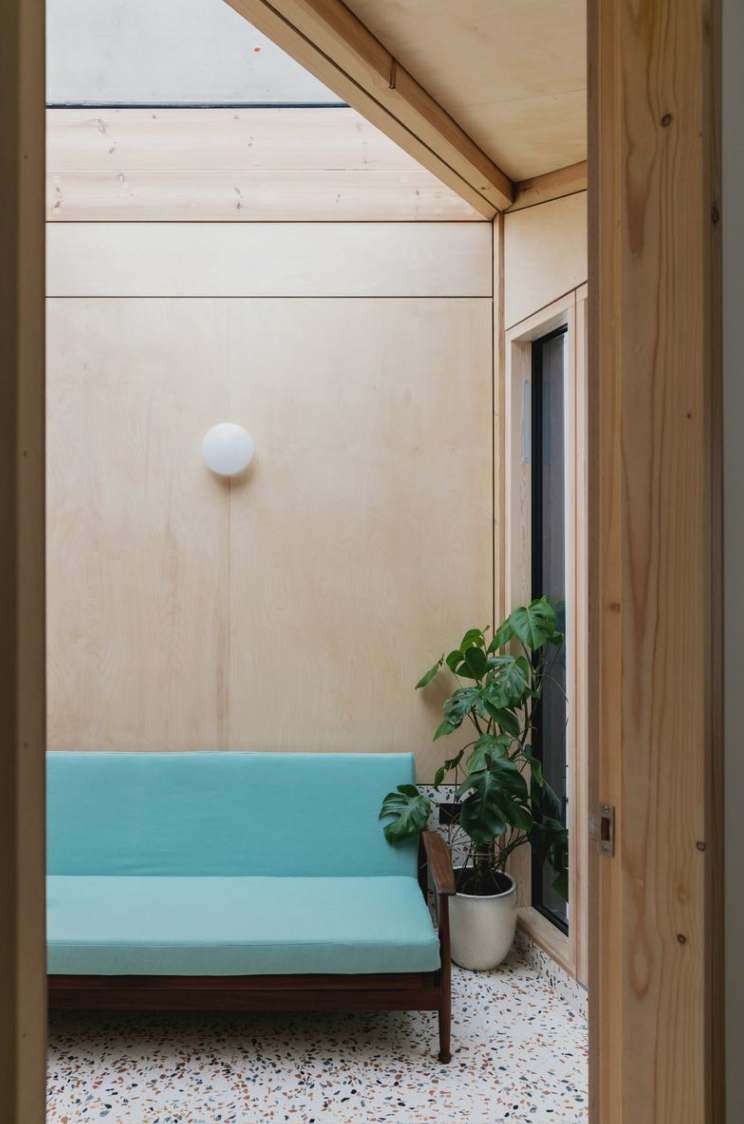 A living room with a blue couch and a potted plant