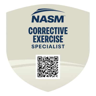 NASM Corrective Exercise Specialist badge with QR code.