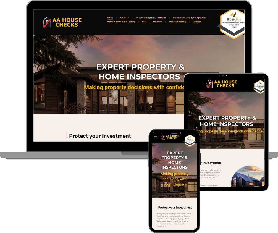 Website design displayed on laptop, tablet, and phone; advertises expert home inspections.