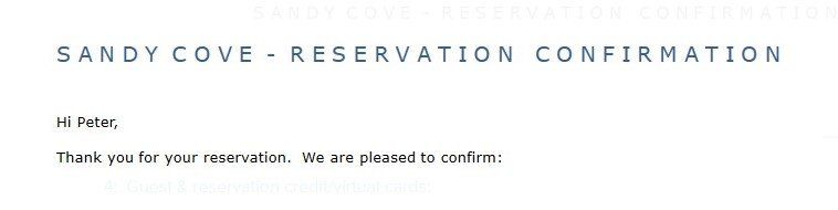 A letter from sandy cove reservation confirmation