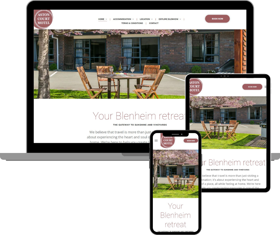 Website mockup on laptop, tablet, and phone screens showcasing a retreat's outdoor seating area.