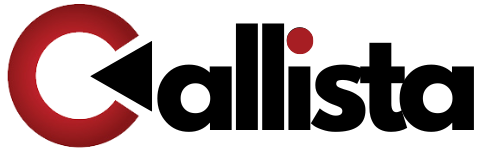 A red and white logo for callista on a white background
