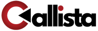 A red and white logo for callista on a white background