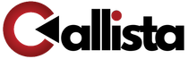 A red and white logo for callista on a white background