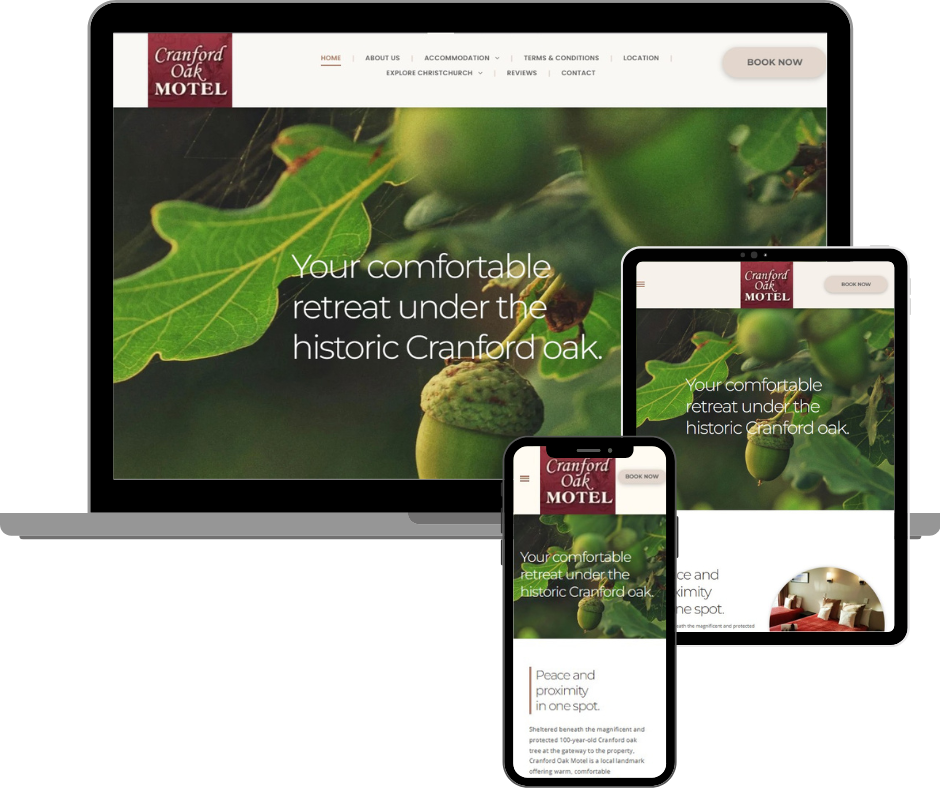 Website mockup of Cranford Oak Motel on laptop, tablet, and phone, with oak leaf and acorn background.