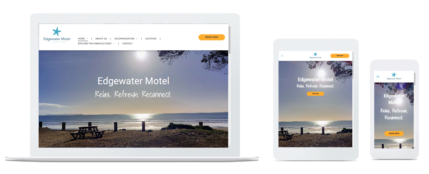 the edgewater motel website is displayed on a laptop tablet and mobile phone