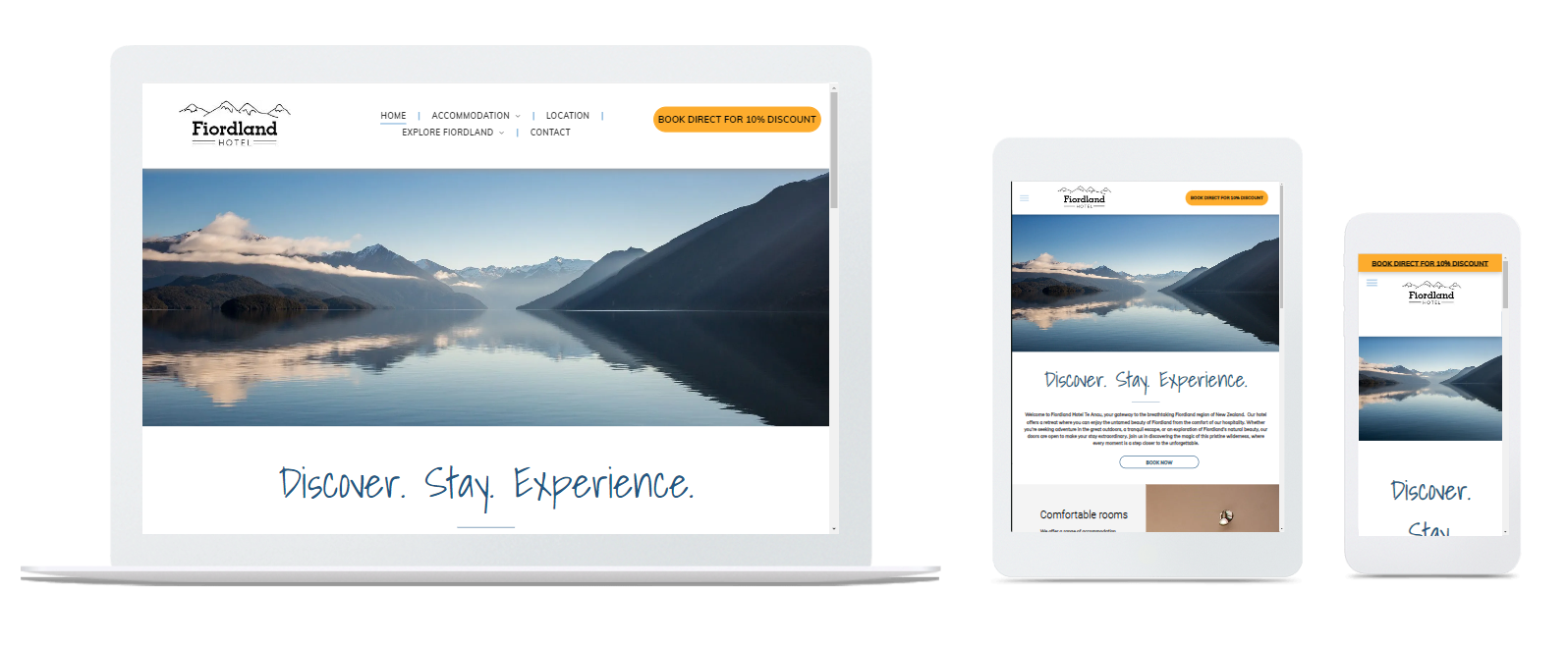 a website for fiordland hotel is displayed on a laptop, tablet and phone