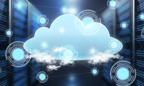 Cloud icon over server racks, connected by lines and circles, blue and white color scheme.