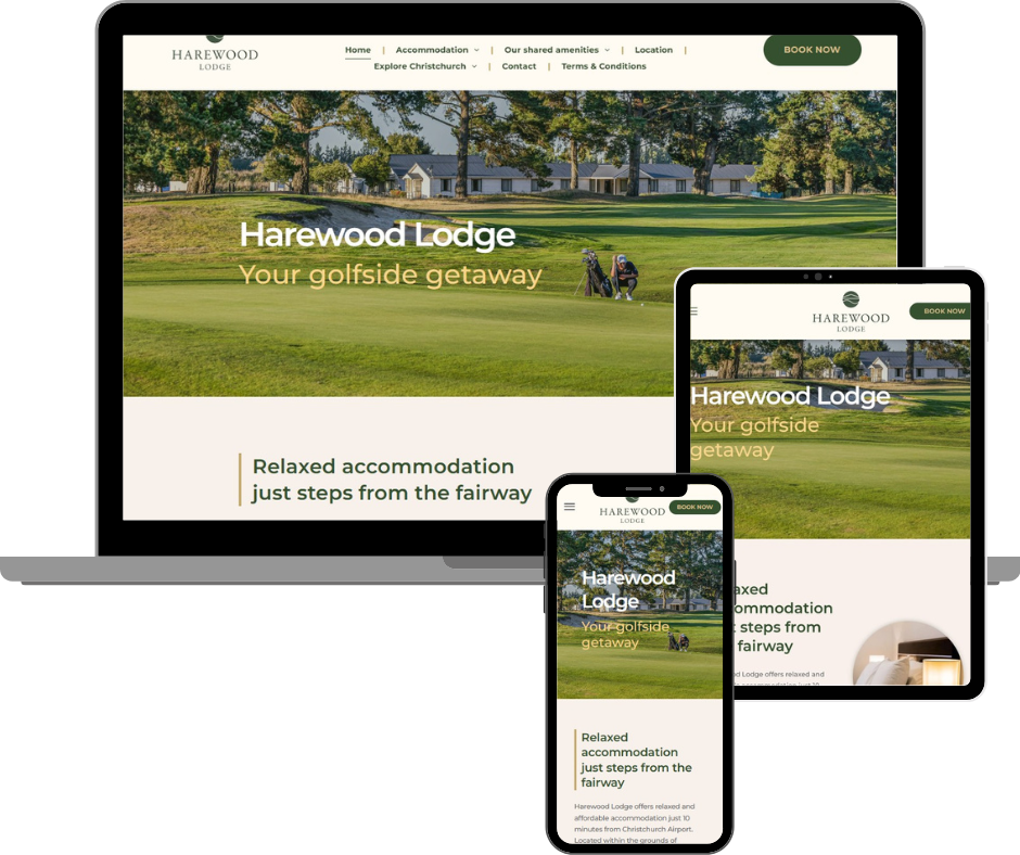 Harewood Lodge website displayed on a laptop, tablet, and phone showcasing golfside getaway.