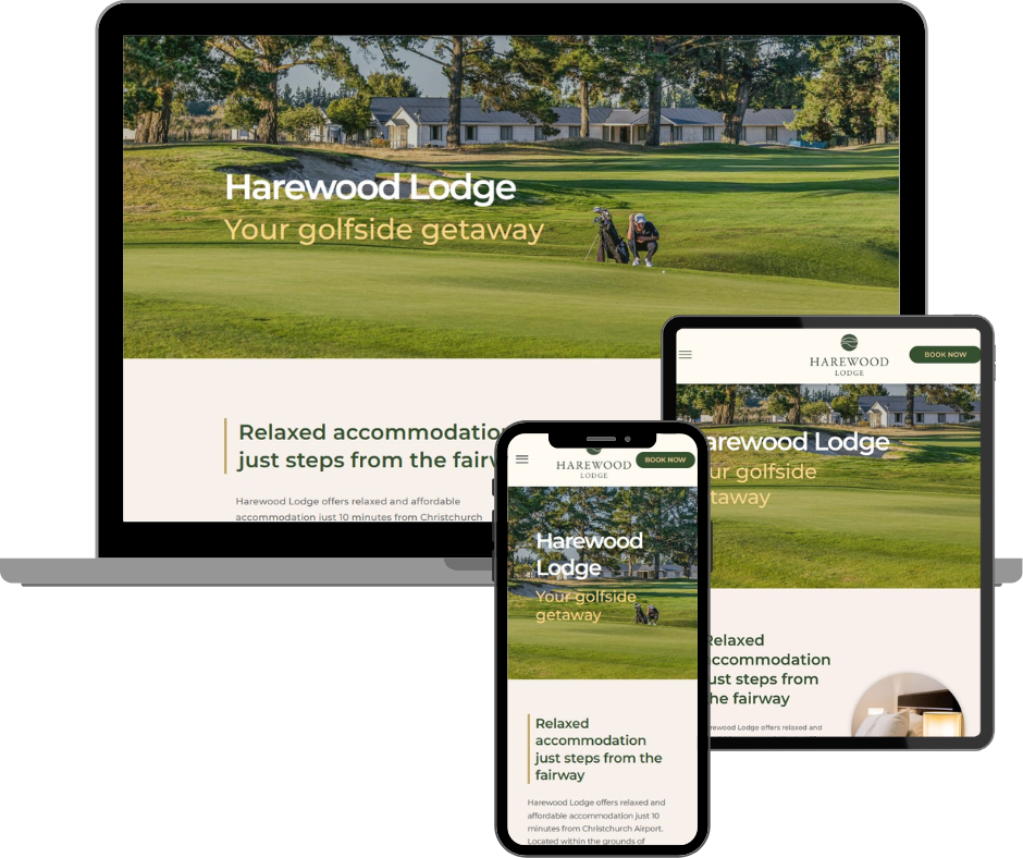 Harewood Lodge website displayed on a laptop, tablet, and phone showcasing golfside getaway.