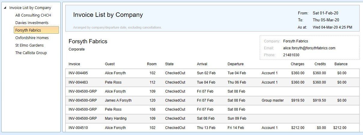 A screenshot of an invoice list for a company