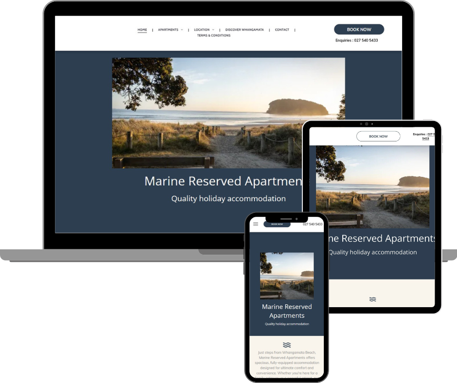 Website mockup: Marine Reserved Apartments, displayed on laptop, tablet, and smartphone.