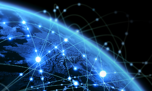 Blue Earth with interconnected glowing lines, symbolizing a global network.