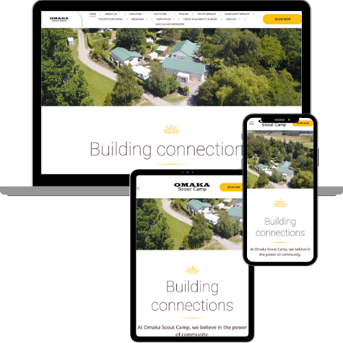 A website design, viewed on a laptop, tablet, and phone, displays Omaha Scout Camp and the words, “Building connections.”